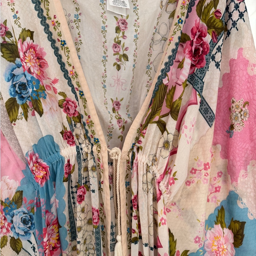 Agua Bendita Floral Tie-Front Kaftan in Pink, Blue, Cream - Picture 4 of 6